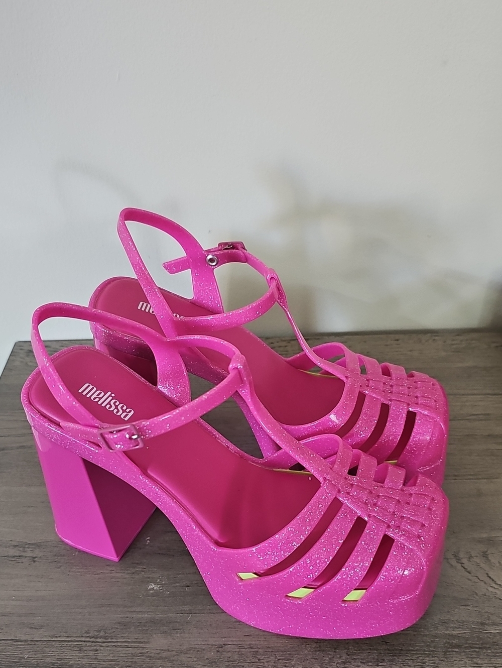 Melissa Women’s Pink Glitter Party Platform Chunky Jelly Heels 7 Barbie Rave